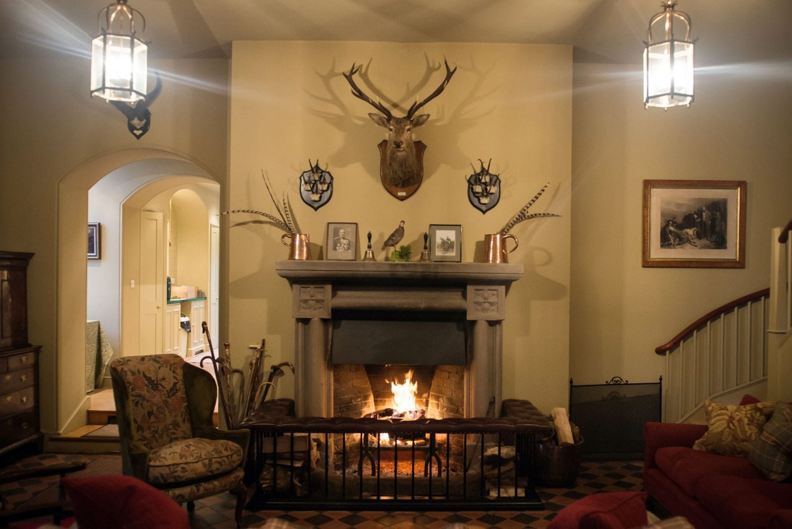 Warm fire and sofas organised as part of Lady's Wood Shooting School sporting agency