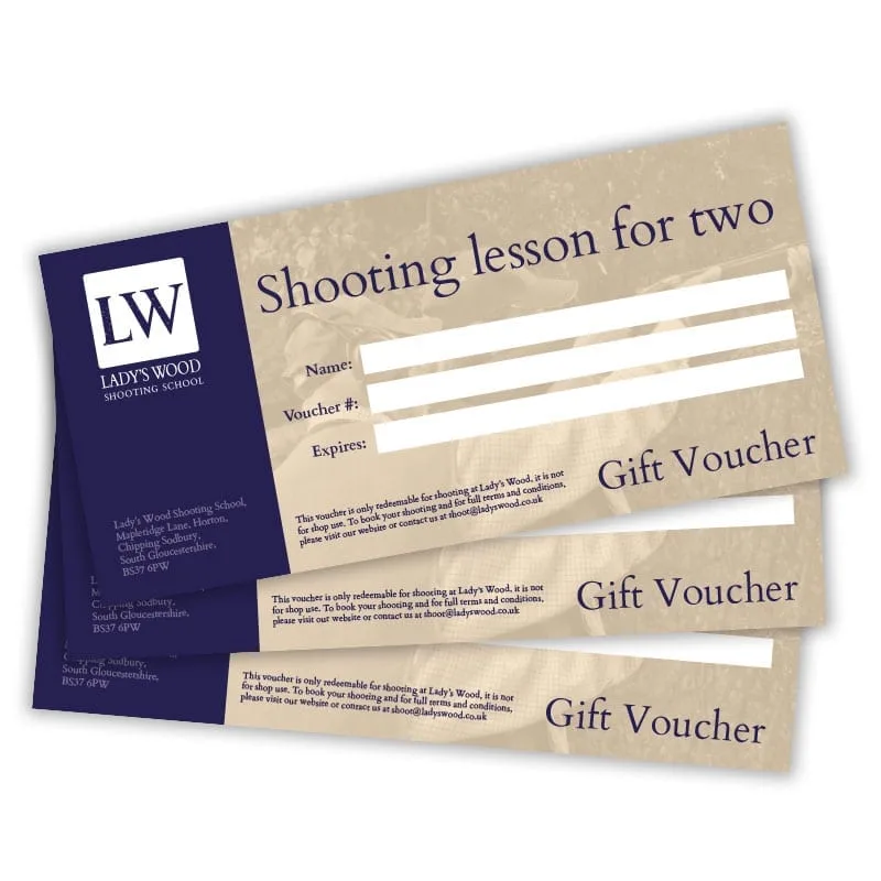 Shooting lesson for two clay shooting gift voucher redeemable at Lady's Wood Shooting School near Bristol