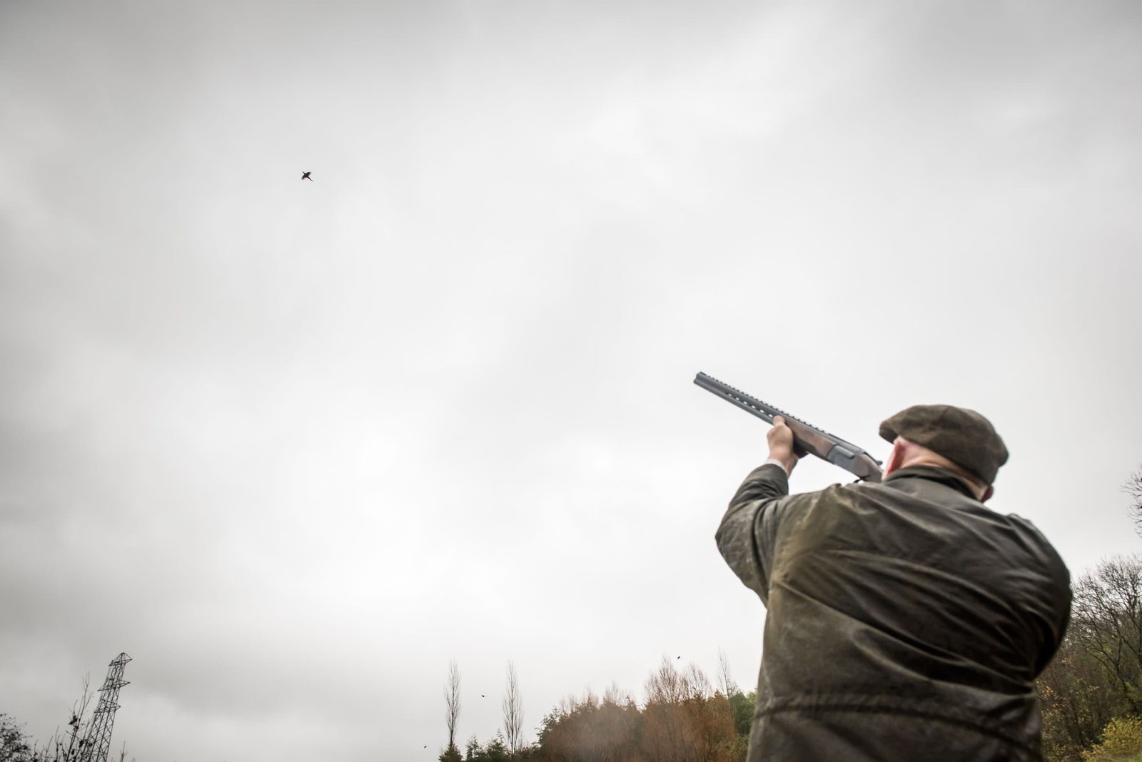 A man takes aim at a pheasant with his shotgun during a game shooting drive